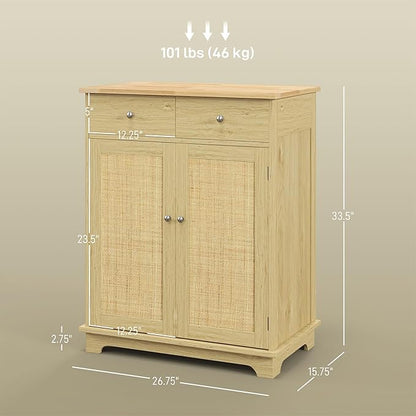 HOMCOM Sideboard with Solid Wood Countertop, Modern Kitchen Storage Cabinet, Coffee Bar Cabinet with 2 Drawers, Doors and Adjustable Shelf, Natural Rattan
