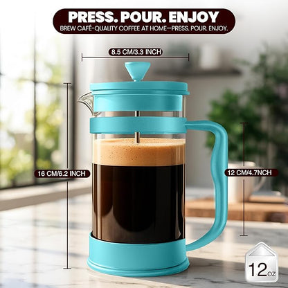 Utopia Kitchen French Press Espresso and Tea Maker with Triple Filters, Stainless Steel Plunger and Heat Resistant Borosilicate Glass (Aqua, 12-oz (Pack of 1))