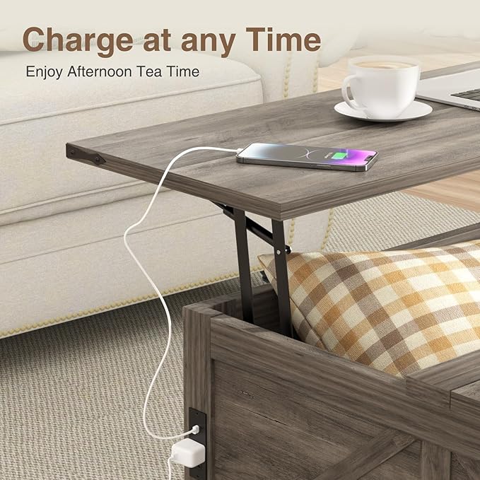 Coffee Table with Storage, 31.5" W Farmhouse Lift Top Wood Square Center Table with Charging Station, Rustic Cocktail Tables with Flip Top Lids for Living Room, Home Office, Grey