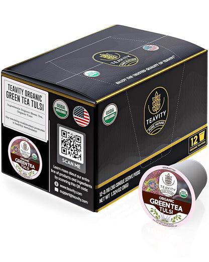 Organic Tulsi Tea Pods with Unsweetened Caffeinated Green Tea Pods for Keurig - Tulsi Green Tea by Teavity (12 Tea Pods)