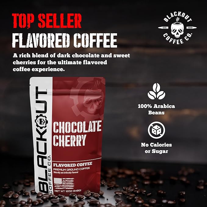 Blackout Coffee Chocolate Cherry Flavored Ground Coffee – Medium Roast, Smooth Taste, Guilt-Free Indulgence – Freshly Roasted 12oz Pouch.