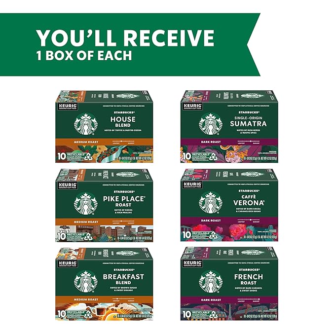 Starbucks K-Cup Coffee Pods, Medium And Dark Roast Coffee Variety Pack for Keurig Brewers, 100% Arabica, 6 Boxes (60 Pods Total)