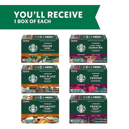 Starbucks K-Cup Coffee Pods, Medium And Dark Roast Coffee Variety Pack for Keurig Brewers, 100% Arabica, 6 Boxes (60 Pods Total)