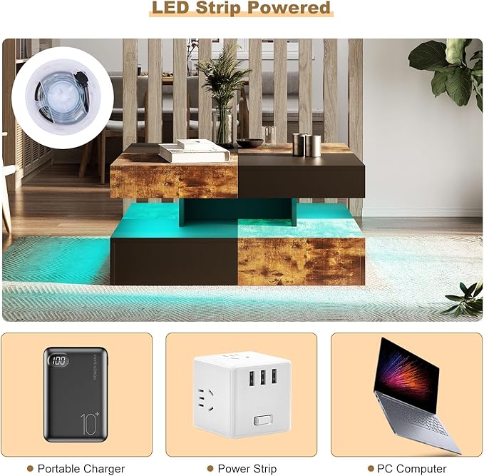 LED Coffee Table for Living Room, Living Room Table 2-Tier Square Middle Center, Modern Coffee Tables with Storage, Contemporary Wood Tea Table for Dining Reception, Rustic Brown