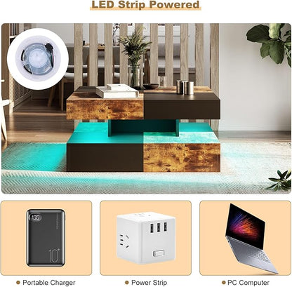 LED Coffee Table for Living Room, Living Room Table 2-Tier Square Middle Center, Modern Coffee Tables with Storage, Contemporary Wood Tea Table for Dining Reception, Rustic Brown