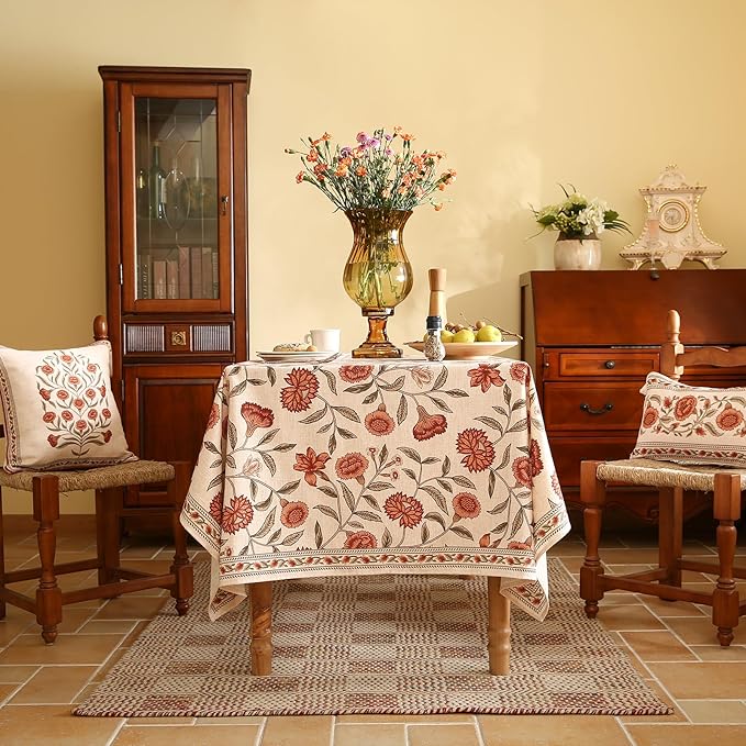 Designer French Extra Long Rectangular Tablecloth,Linen Orange Floral Pattern Indoor Table Cloth,Wrinkle Resistant Decor Table Cloth for Dining Thanksgiving Kitchen,63"*110"-Alvarado D