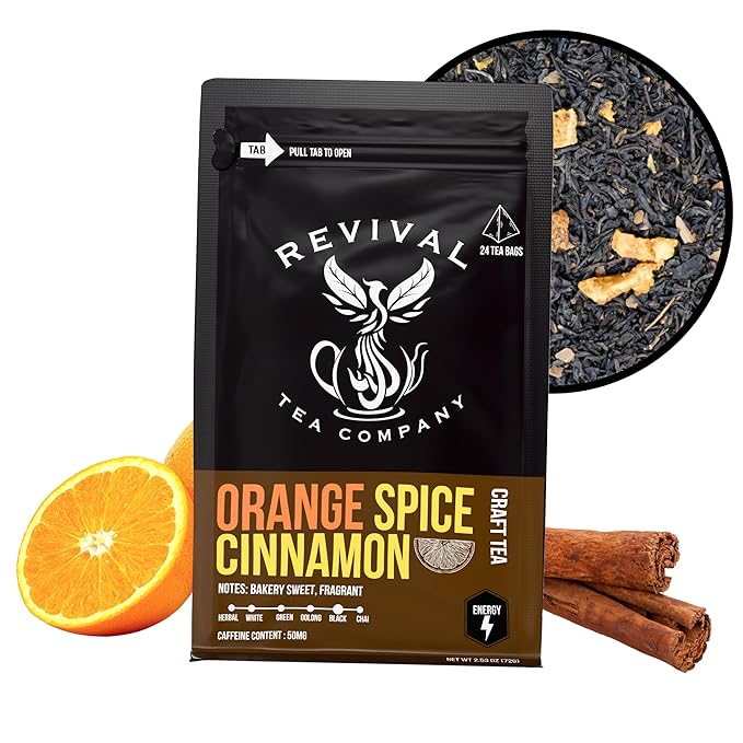 Revival Tea Company Orange Spice Black Tea Bags – Cinnamon Orange Tea Blend with Real Citrus Peel – Caffeinated Herbal-Infused Tea for Energy & Immune Support – Bold Spiced Flavor (24 Count)