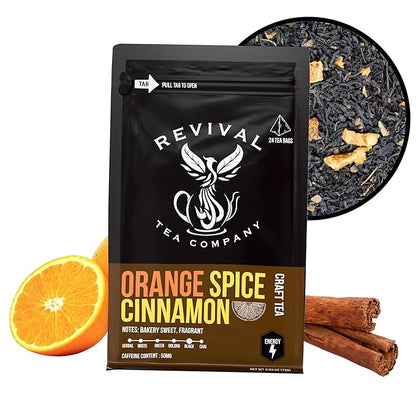 Revival Tea Company Orange Spice Black Tea Bags – Cinnamon Orange Tea Blend with Real Citrus Peel – Caffeinated Herbal-Infused Tea for Energy & Immune Support – Bold Spiced Flavor (24 Count)