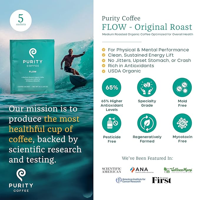 Purity Coffee FLOW Medium Roast Organic Coffee - USDA Certified Organic Specialty Grade Arabica Single-Serve Packets - Third Party Tested for Mold, Mycotoxins and Pesticides - 5 ct Box