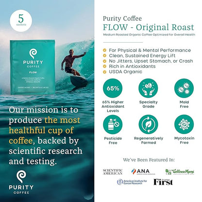 Purity Coffee FLOW Medium Roast Organic Coffee - USDA Certified Organic Specialty Grade Arabica Single-Serve Packets - Third Party Tested for Mold, Mycotoxins and Pesticides - 5 ct Box
