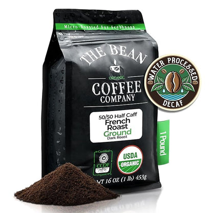 The Bean Organic Coffee Company 50/50 (Half Caff) French Roast, 50% Decaf, Dark Roast, Ground Coffee, 16-Ounce Bag, Café Molido Tostado Orgánico descafeinado