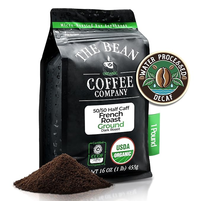 The Bean Organic Coffee Company 50/50 (Half Caff) French Roast, 50% Decaf, Dark Roast, Ground Coffee, 16-Ounce Bag, Café Molido Tostado Orgánico descafeinado