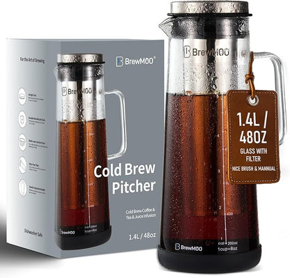 BrewMOO- Airtight Cold Brew Coffee Maker Pitcher, 1.4L/48Oz Thick Glass Carafe with Filter, Comfort Sturdy Handle & Wide Spout, Non-Slip Base | Iced Tea Maker (Black)