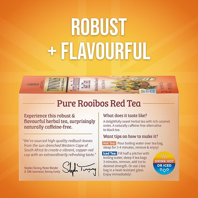 Twinings Pure Rooibos Red Herbal Tea Individually Wrapped Bags, 20 Count (Pack of 1), Sweet with Uplifting Aroma, Naturally Caffeine-Free, Enjoy Hot or Iced, 20 Teabags
