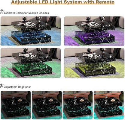 Black Marble LED Coffee Table for Living Room, Living Room Table 2-Tier Square Middle Center Table, Modern Coffee Tables with Storage, Contemporary Wood Tea Tables for Dining Reception