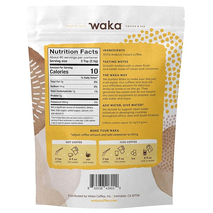 Waka Premium Instant Coffee Pouches — 100% Arabica Freeze Dried Beans — For Hot or Iced Coffee (8 Ounces, House Roast)