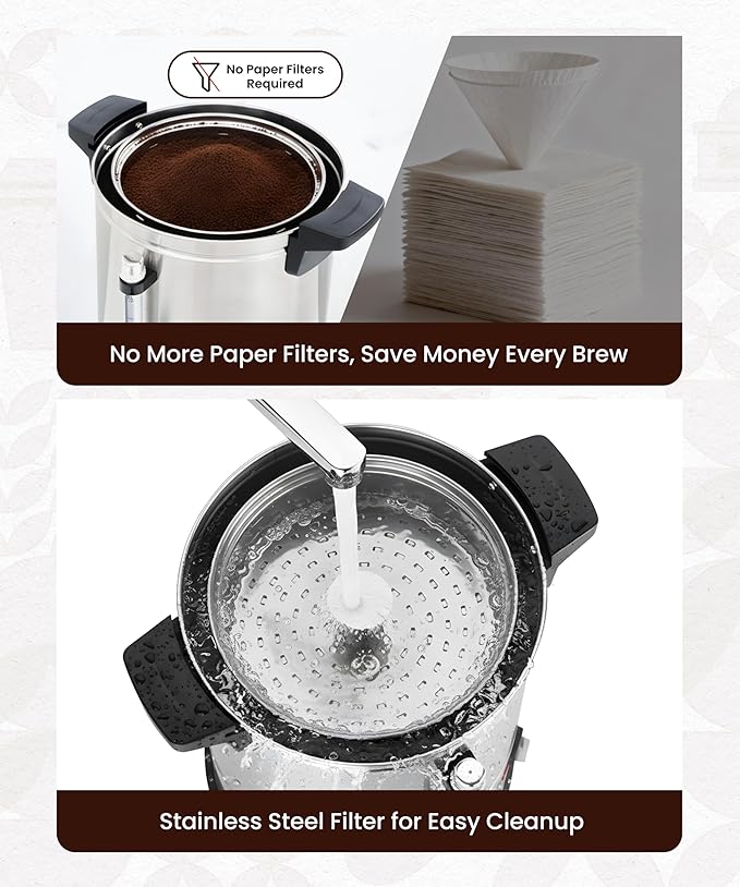 Commercial Coffee Maker 50-Cup Percolator Coffee Pot Electric Dispenser with Double Wall Stainless Steel Anti-Spill, 8L Large Fast Brew Hot Water Urn for Tea Church Events Easy Cleaning