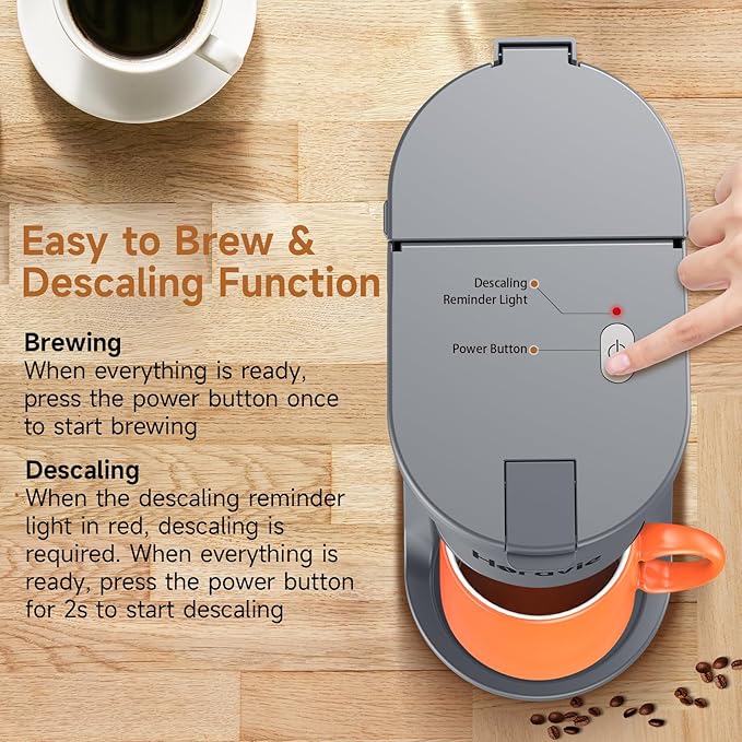 Small Single Serve Coffee Maker, Fast Brew One Cup Coffee Machine for K Cup and Grounds, 6 to 12 oz. Brew Sizes, Capsule Coffee Machine with Descaling Reminder and Viewing Tank, Grey