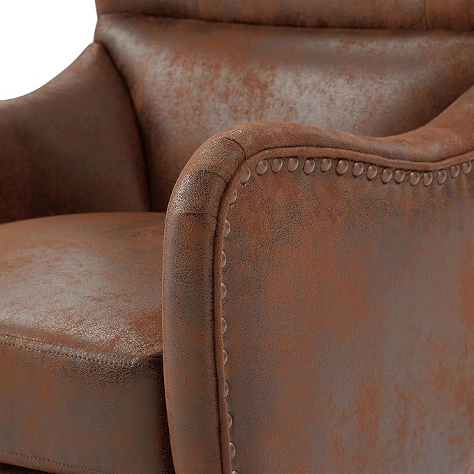 Hi-Back Brown Vintage Distressed Accent Chair with Ottoman, Tufted Design & Nailhead Trim, Polyester Fabric, Foam-Pocket Spring Seat, Living Room, Study, Bedroom Chair and Ottoman Set