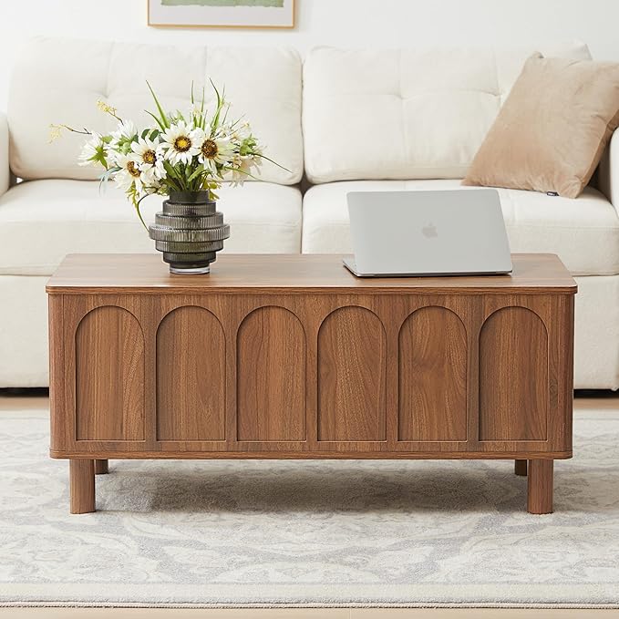 Lift Top Coffee Table with Arched Finish, Modern Coffee Table with Lifting Tabletop & Hidden Storage, Wood Center Table for Living Room,Convenient for Dining, Gaming or Working (Walnut)