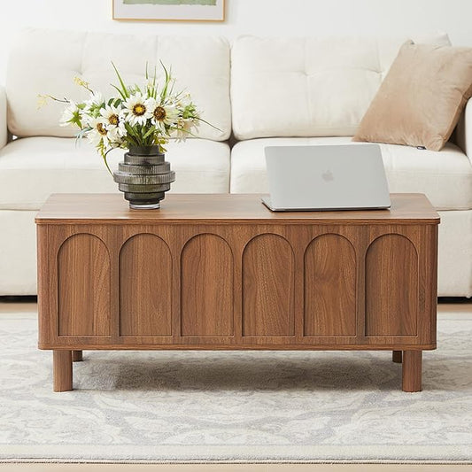 Lift Top Coffee Table with Arched Finish, Modern Coffee Table with Lifting Tabletop & Hidden Storage, Wood Center Table for Living Room,Convenient for Dining, Gaming or Working (Walnut)