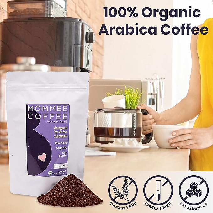 Mommee Coffee Full Caf Ground Low Acid Coffee - 100% Arabica Organic Coffee Beans with Smooth Caramel Flavor - Medium Grind for Drip, Reusable One Cup Filters - 11 oz