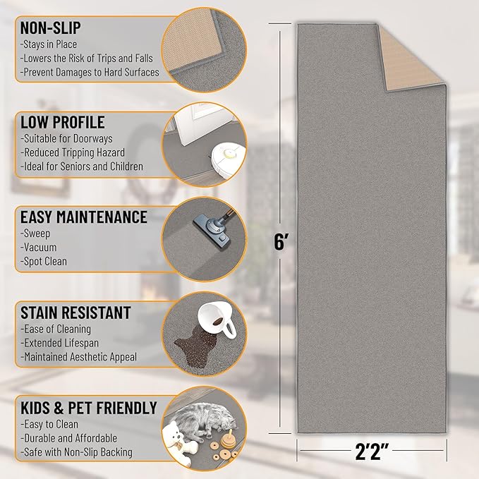 Ottomanson Hallway Runner Rug 2'2" x 6' Non Slip Solid Area Rugs Easy to Clean Laundry Rug Runner Durable & Pet Friendly Floor Carpet Runners for Hallways Entryway Living Room Kitchen, Gray