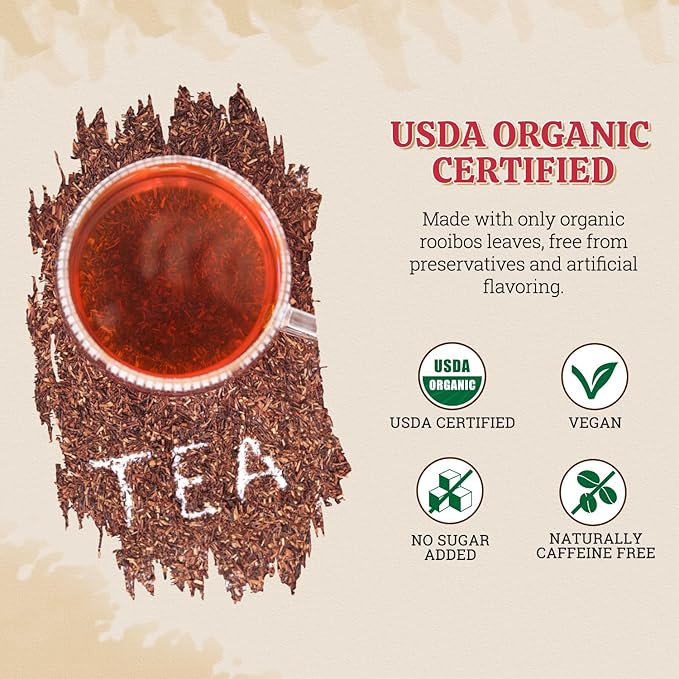 52USA Organic Rooibos Tea, 1 LB, Red Rooibos Loose Leaf Tea, Naturally Caffeine-Free, Pure South African Red Bush Herbal Tea, Non-GMO, USDA Organic