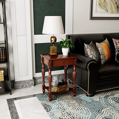 Solid Wood Retangle End Table with Drawer and Storage Shelf, 28"H Traditional Vintage Side Table Polished Edging Sofa Table Bedside Nightstand for Living Room Bedroom Home, Cherry Walnut GBJ-1533-WD