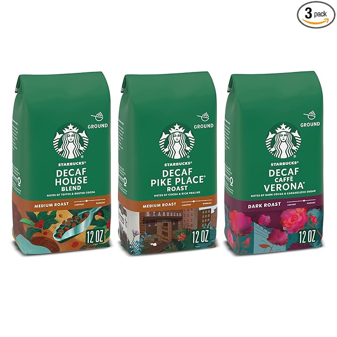 Starbucks Medium & Dark Roast Decaf Ground Coffee, Variety Pack, 3 bags (12 oz each)