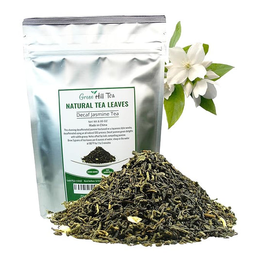 Greenhilltea Decaf Jasmine Green Tea, Green Tea CO2 naturally processed Caffeine-Free Tea - 8 Oz Bag