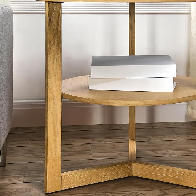 PADMA HOUSE 25" Round Wood End Table, 2-Tier Solid Wood Rounded Accent Side Table Circle Nightstand Table with Storage Shelf Vintage Furniture for Home Living Room Bedroom,Oak 3338OA