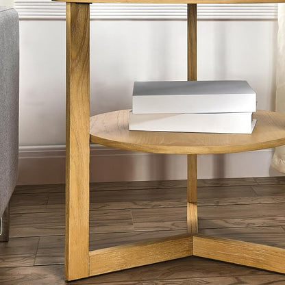 PADMA HOUSE 25" Round Wood End Table, 2-Tier Solid Wood Rounded Accent Side Table Circle Nightstand Table with Storage Shelf Vintage Furniture for Home Living Room Bedroom,Oak 3338OA