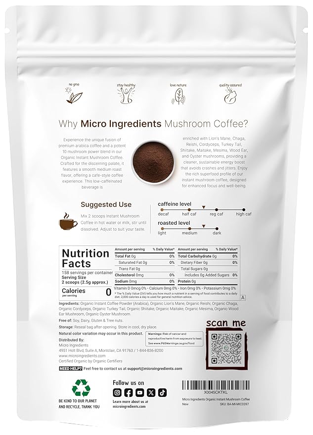 Organic Instant 10 in 1 Mushroom Coffee Powder, 14 Ounce (158 Servings) | Weight & Immune Support | Premium Arabica Coffee with Lion’s Mane, Chaga, Reishi,& More