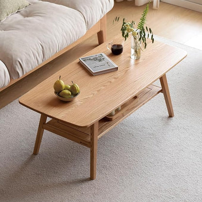 100% Solid Wood Coffee Table for Living Room, 47.24" Mid Century Modern Tables with Shelf Storage, 2-Tier Coffee Table with Rounded Corners (Oak Wood Log Color, 47.24" L)