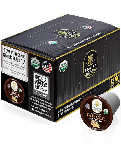 Organic Ginger Tea Pods for Keurig with Unsweet Black Tea for K Cup Brewing - Ginger Black Tea by Teavity (12 Tea Pods)