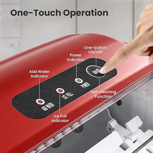 Countertop Portable Ice Maker Machine with Handle, 9 Bullet-Shaped Ice Cubes Ready in 6 Mins, 26Lbs/24H, Self-Cleaning Function with Ice Scoop and Basket for Home/Kitchen/Party (Red)