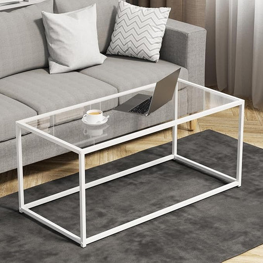 Coffee Table Glass Center Table,Modern Minimalist Coffee Table for Living Room,Tempered Glass-top with Sturdy Metal Frame, Easy Assembly,39.4 x 18.9 x 17.7 Inches,White
