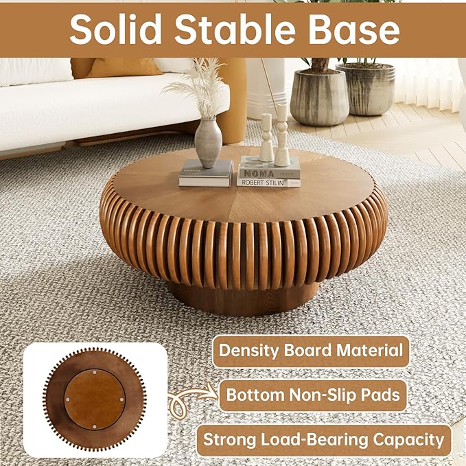 Round Coffee Table 31.4" Modern Brown Fluted Coffee Table Low Round Drum Pedestal Coffee Tables for Living Room Farmhouse (Brown 31.4in)