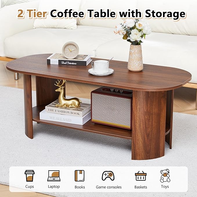 43.3” Oval Coffee Tables for Living Room, Wood Farmhouse Coffee Table with Storage, 2-Tier Center Table with Storage Shelf Low Tea Table for Small Space, Home, Office (Walnut)