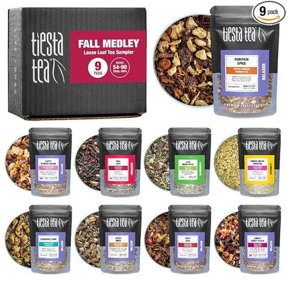 Tiesta Tea - Fall Medley Tea Sampler Dry Flight Set, Loose Leaf, No Caffeine, Makes Hot & Iced, Assorted Brew Sets with Herbal, Black, Fruit, Chai Blend & More, 9 Resealable Sample Pouches