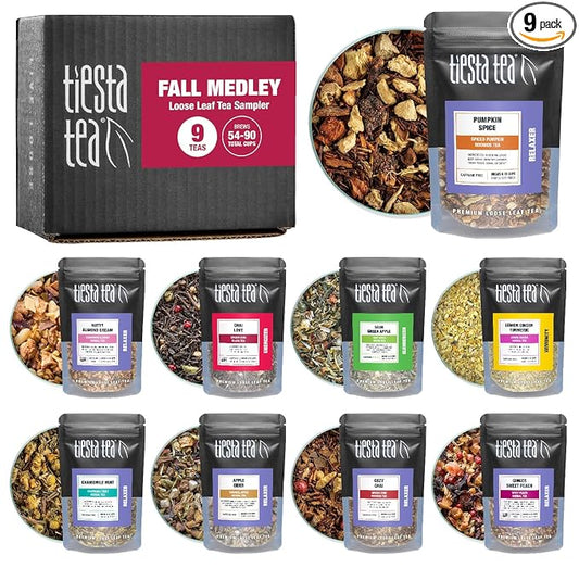 Tiesta Tea - Fall Medley Tea Sampler Dry Flight Set, Loose Leaf, No Caffeine, Makes Hot & Iced, Assorted Brew Sets with Herbal, Black, Fruit, Chai Blend & More, 9 Resealable Sample Pouches