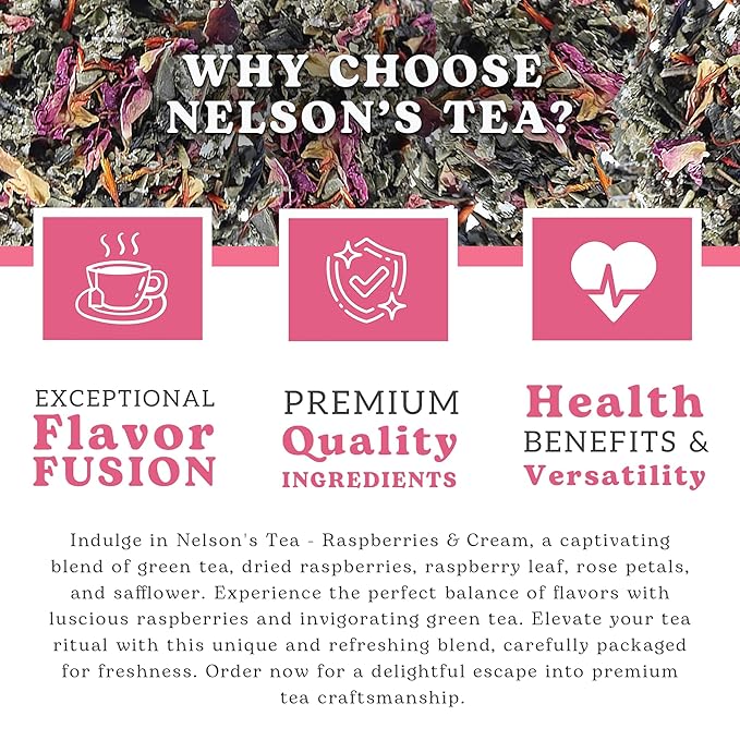 Nelson's Tea Raspberry & Cream - Cut & Sifted Loose Leaf Tea with Rooibos Green Tea, Dried Red Raspberry Leaf, Marigold, Hibiscus, Rose Petals, and Safflower (1.6 oz)