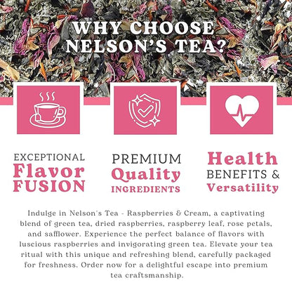 Nelson's Tea Raspberry & Cream - Cut & Sifted Loose Leaf Tea with Rooibos Green Tea, Dried Red Raspberry Leaf, Marigold, Hibiscus, Rose Petals, and Safflower (1.6 oz)