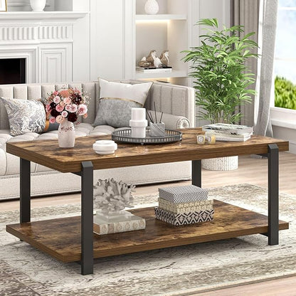 FOLUBAN Modern Coffee Table, Rustic Wood Center Table with Storage for Living Room, Industrial Rectangle 2 Tier Low Cocktail Tea Table, Rustic Brown