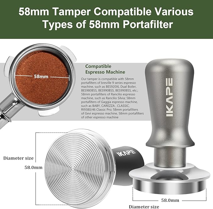 IKAPE 58.5mm Espresso Tamper, Premium Barista Coffee Tamper with Calibrated Spring Loaded, 100% Stainless Steel Base Tamper Compatible with Espresso Machine Rancilio, Gaggia Bottomless Portafilter