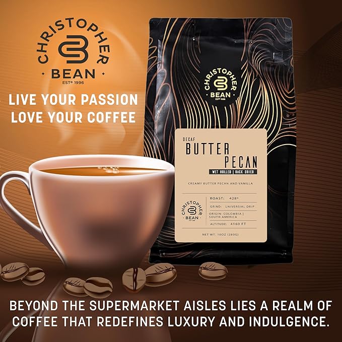 Christopher Bean Coffee - Certified Kosher - Decaf Ground Universial Drip Butter Pecan Flavored Coffee| Coffee Beans with Medium Roast 100% Arabica, No Sugar, No Fats, Non-Gmo | 10-Ounce Bag