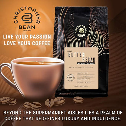 Christopher Bean Coffee - Certified Kosher - Decaf Ground Universial Drip Butter Pecan Flavored Coffee| Coffee Beans with Medium Roast 100% Arabica, No Sugar, No Fats, Non-Gmo | 10-Ounce Bag