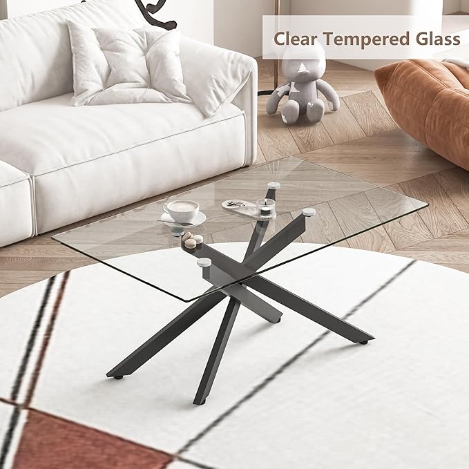 Black Glass Coffee Table Set of 3 Modern End Table Living Room Side Table, Geometric Metal Legs 39.4 Inch Clear Rectangle Center Cocktail Tables, Black