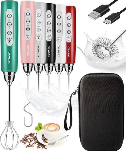 YUSWKO Rechargeable Milk Frother for Coffee, Handheld Drink Mixer with 3 Heads 3 Speeds, Ideal Coffee Frother Wand for Travel - Green